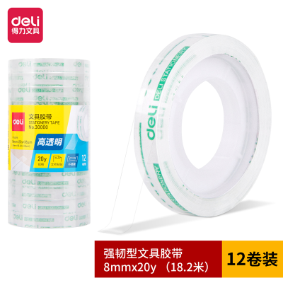 Deli 30000 Strong and Tough Type Stationery Adhesive Tape Long-Lasting Adhesion 8mm * 20y * 38um (High Permeability)(12 Rolls/Tube)