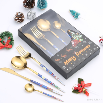 Cross-Border Amazon Portugal Knife, Fork and Spoon Christmas Series Stainless Steel Western Tableware Hotel Gift Box Four-Piece Set