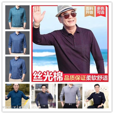 Thin Velvet Men's Lapel Long Sleeve Striped Polo Shirt Top Stall Clothing Trade Men's Middle-Aged and Elderly Shirt