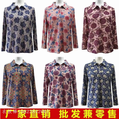 Spring and Autumn New Middle-Aged and Elderly ICE Lapel Long-Sleeved Women's Clothing Mom Wear T-shirt Stall Supply