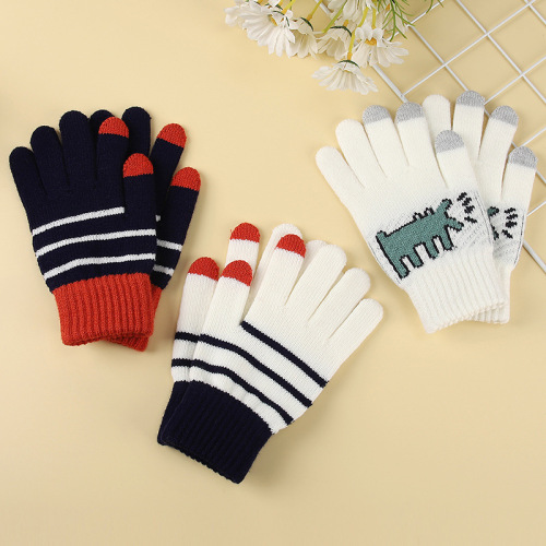 秋冬保暖防风针织手套毛线提花触屏手套简约男女骑行成人条纹手套
