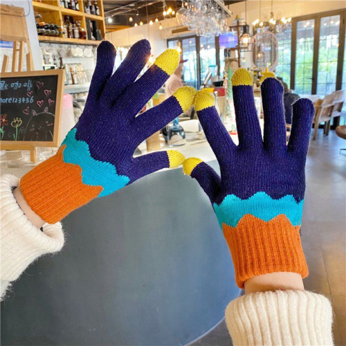 触屏手套冬天女可爱加绒保暖防寒 骑车学生五指秋冬季波浪纹手套