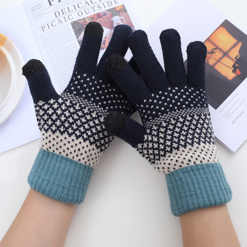 新款女士手套冬季保暖纯色时尚双层加绒加厚学生骑车可触屏全指男