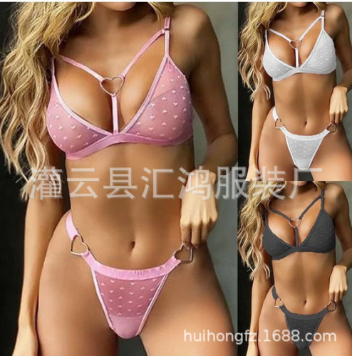 外贸情趣内衣速卖通性感爱心网纱三点式两件套1081