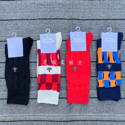 omen's Hollow Mesh Socks Tube Socks Mixed Color Stripe All-Matching Casual Socks