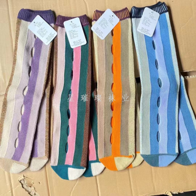 Socks Women's Gold and Silver Wire Hollow Mesh Tube Socks Mixed Color Stripe Woven Hole Casual Socks