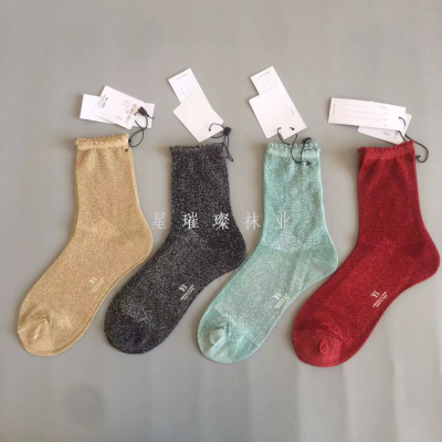 Trendy Socks Women's Gold and Silver Silk Women's Stockings Solid Color Lace Mid-Calf Length Socks Bright Silk Fashion Personality Stockings