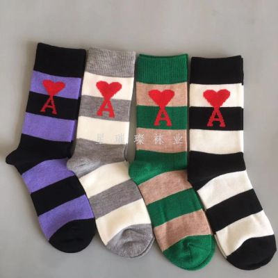 Socks female emi wool mid-tube socks match color striped jacquard peach heart casual socks fashion tide cashmere stockin