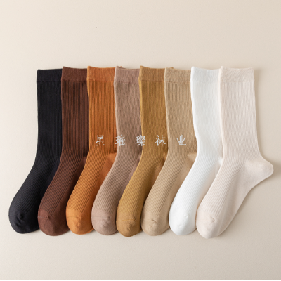 Socks women fall new solid color double needle mid-tube socks fashion casual pile socks breathable everything with leg s