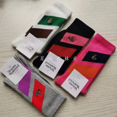 omen's Socksenne Picoampere Saturn Queen Mother Tube Socks Mixed Color Stripe All-Matching Casual Socks
