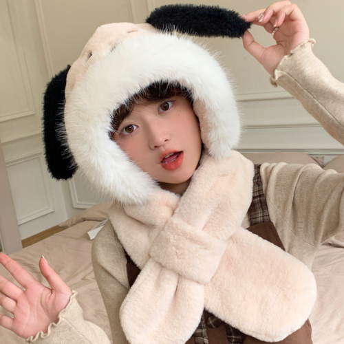 新款小狗毛绒围巾帽子围巾一体秋冬韩版可爱毛绒保暖防寒帽两件套