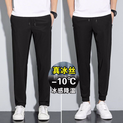 High Elastic Quick-Drying Casual Pants Men's Ice Silk Sports Pants Summer Breathable Thin Flat Drawstring Pants Pocket Zipper