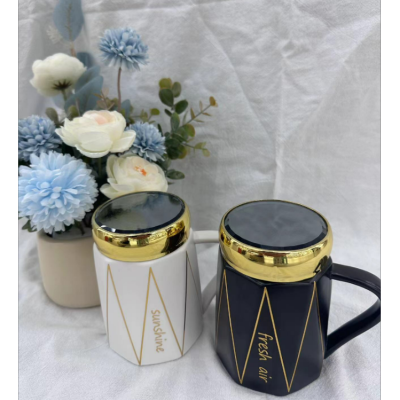 Creative with Cover Mirror Ceramic Cup Home Office Breakfast Cup Couple's Cups