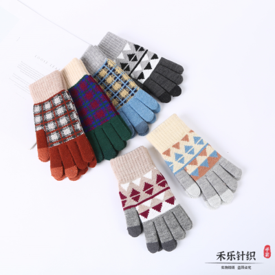 2023 New Winter Students Warm-Keeping Macaron Plaid Gloves Thickened Fleece-Lined Warm Touch Screen Gloves