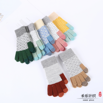 2023 New Children's Knitted Gloves Winter Five-Finger Stitching Color Block Touch Screen Gloves Outdoor Cold-Proof Knitting Wool Gloves