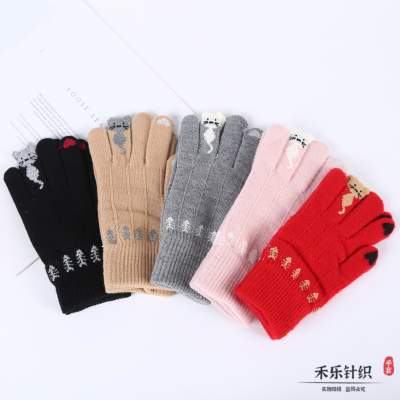 Cute Cute Animal Autumn and Winter Touch Screen Student Gloves Couple Knitted Cold-Proof Plush Thickened Riding Gloves