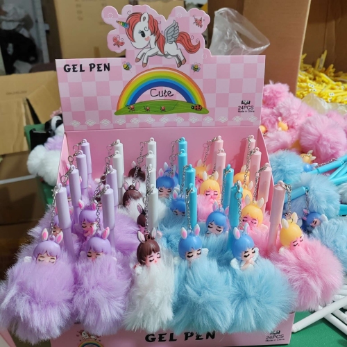 跨境外创意儿童天使女孩卡通笔学生毛球挂件中性笔幼儿园礼物文具