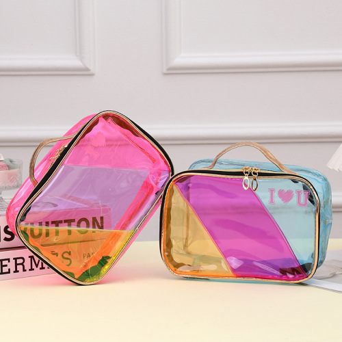 跨境新款欧美新款PVC拼色化妆包大容量时尚手提化妆包手拿女包