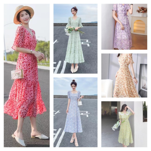 2024 spring/summer new fresh chiffon floral dress women‘s waist-tight slimming elegant skirt night market stall wholesale