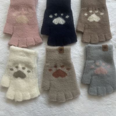 Cute Cat Claw Half Finger Gloves for Kids Girls Elastic