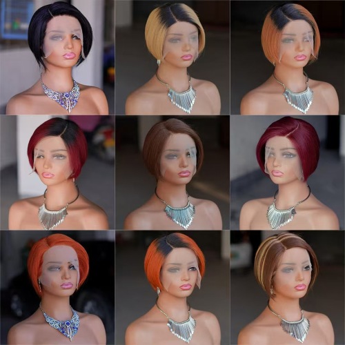 现货假发13×4自然色蕾丝短款真人发小精灵头套