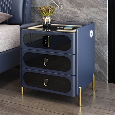 Light Luxury Solid Wood Smart Bedside Table Leather Modern Minimalist Three-Layer Drawer with Lock Multifunctional Fashion Storage Cabinet