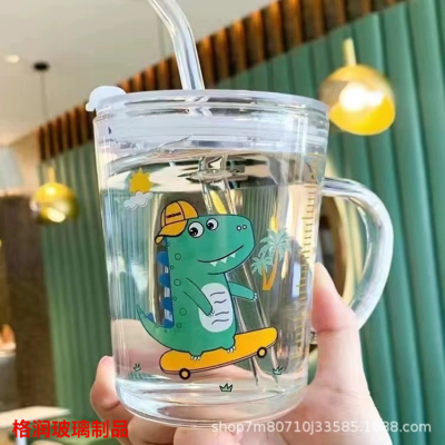 Glass Cartoon Scale Cup with Lid with Silicone Straw Sealed Leak-Proof Adorable Pet Children's Glass Water Cup