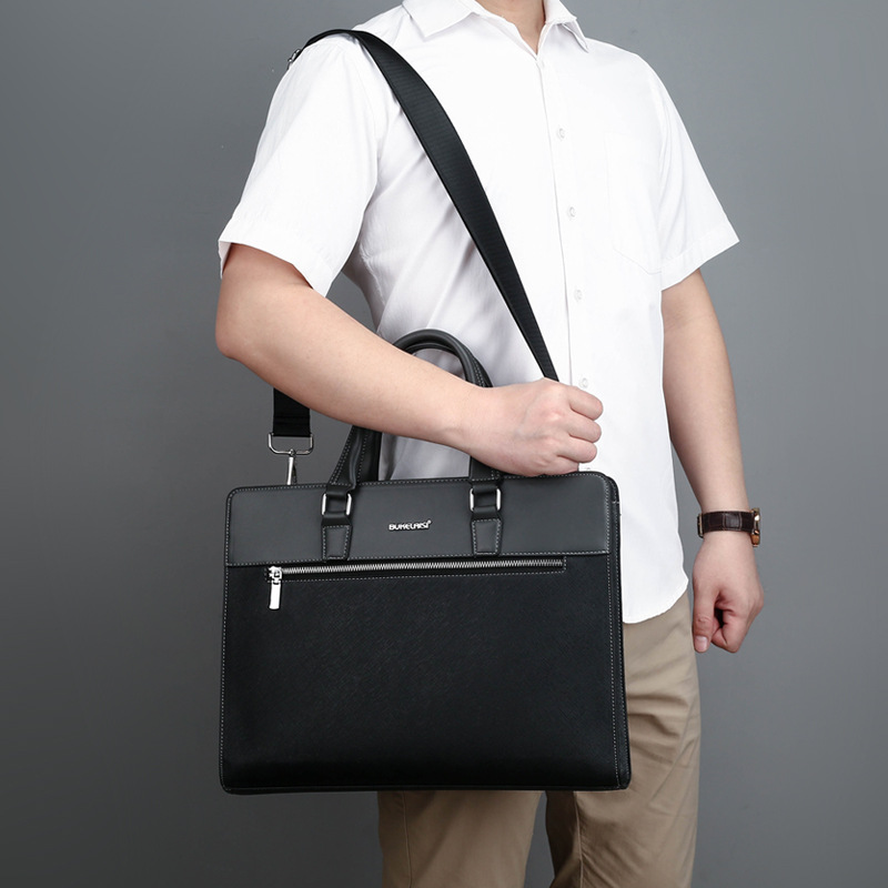 新款男士手提包大容量商务公文包横款出差电脑包PU单肩斜挎潮包