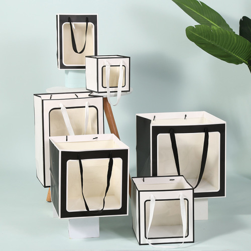 定制开窗方形白卡纸袋透明鲜花蛋糕手提包装袋创意生日礼品包装袋