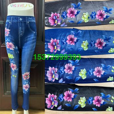 Foreign Trade Seamless Knitted Polyester Printed Denim Cropped Leggings Cropped Pants Printed Pants Slimming Versatile High Waist