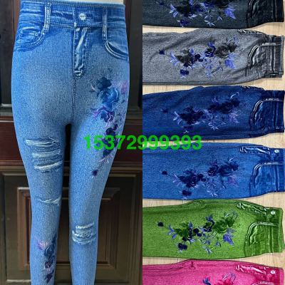 Foreign Trade European and American Domestic Sales Popular Seamless Knitted Printed Denim Cropped Leggings Large Size
