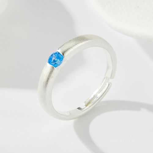 简约百搭拉丝银色开口戒指时尚轻奢海蓝锆石可调节指环爆款食指戒