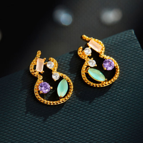 国风新宠彩色葫芦耳钉复古高级感微镶锆石耳环新款精致百搭女耳饰