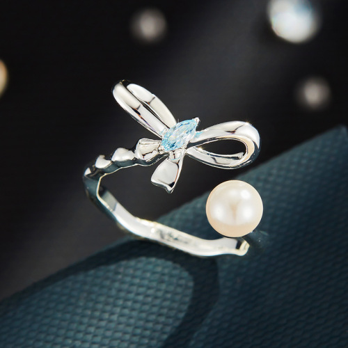 精致感拿捏蝴蝶结玻璃珍珠开口戒指时尚百搭可调节设计指环食指戒