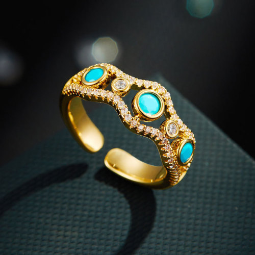 时尚轻奢镂空几何形微镶锆石开口戒指精致蓝松石指环可调节食指戒