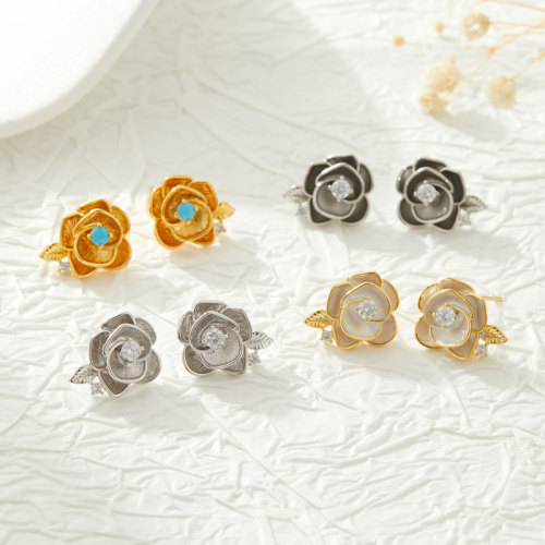 复古优雅玫瑰耳钉原创设计轻奢风珐琅滴油耳环s925银针新款女耳饰