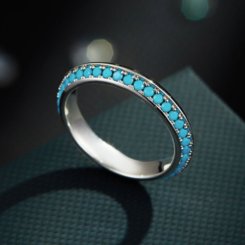 简约设计高级感拉丝蓝松石闭口戒指小众轻奢精致排镶指环女食指戒