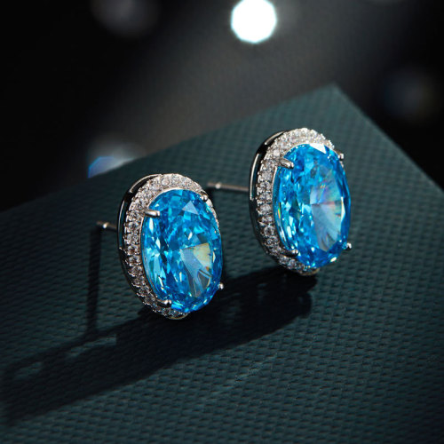 高级感闪耀冰花锆耳钉时尚轻奢椭圆形海蓝冰花切耳环s925银针耳饰