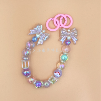 New Plating Color Acrylic Gradient Bow Keychain Pendant Three Buckle Color round Beads Accessory Bag Hanging Ornaments