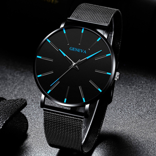 AliExpress Hot Sale New Fashion Geneva Couple Men Simple Business Net Strap Quartz Watch Blue Word Black Band