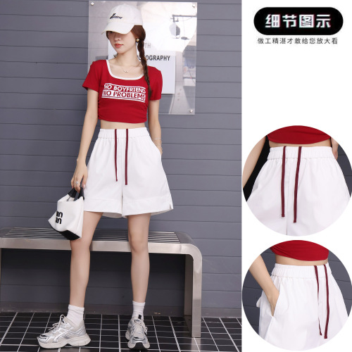 2025夏季新款五分短裤百搭松紧高腰抽绳休闲舒适阔腿短裤女装批发