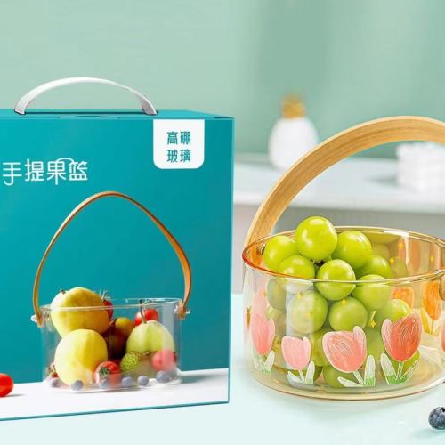 borosilicate glass cabas good-looking portable fruit basket living room basket decals glass fruit basket with handle gift box