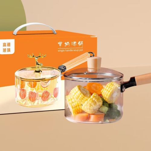 1.8 l high borosilicate glass pot good-looking amber decal tulip elk wooden handle soup pot color box packaging