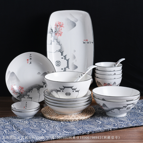 国风创意礼品居家梦江南陶瓷碗盘勺餐具潮州窑套装批发一件代发