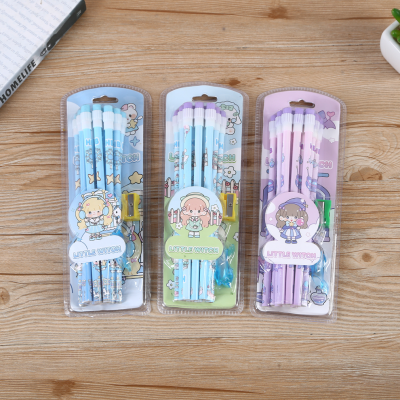 For Pupils Cute Girl Theme Pattern round Brush Pot Pencil with Small Eraser Head Design HB Pencil