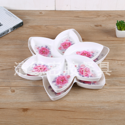 Six Compartments Design Printing Pattern Melamine Melamine Creative Dried Fruit Box without Lid European Candy Plate Dried Fruit Box