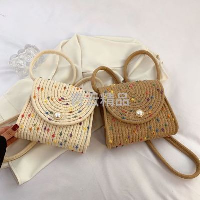 2023 New Mobile Phone Bag Female Sweet Messenger Bag Small Square Bag Pearl Envelope Package Cotton Rope Braided Bag Straw Bag