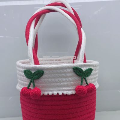 New Cotton String Storage Bag Bucket Bag Cherry Woven Bag Straw Bag Cute Handbag Festive Gift Basket