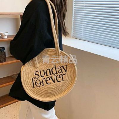 Letter Embroidery round Cake Shoulder Bag Straw Bag Cotton Rope Braided Bag Storage Bag Fashion All-Match Beach Bag Wholesale
