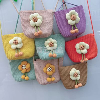 Summer Hot Children's Bags Handmade Flower Straw Bag Crossbody Coin Purse Mobile Phone Bag Beach Bag Large Shell Bag